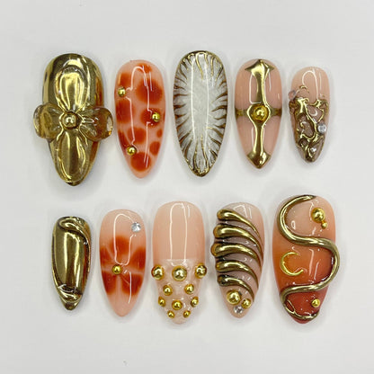 3D Flower With Gold Press on nails