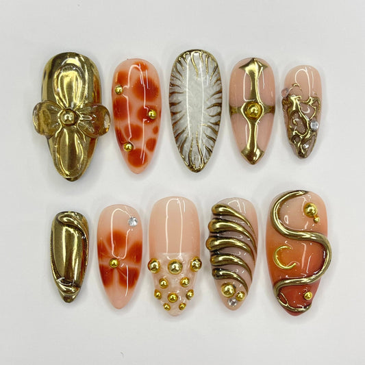 3D Flower With Gold Press on nails
