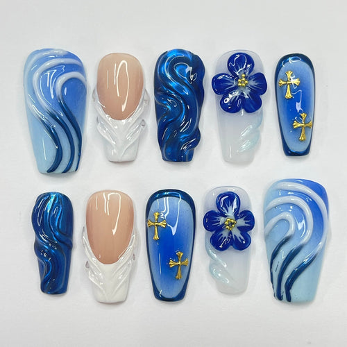 Bluewave With 3D Flower Press on nails