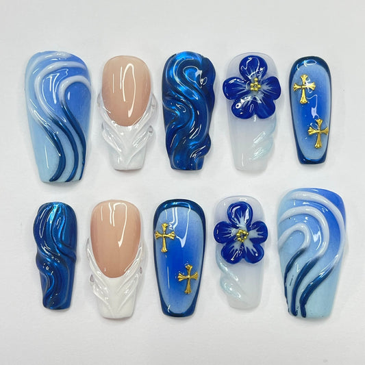 Bluewave With 3D Flower Press on nails