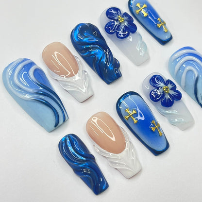 Bluewave With 3D Flower Press on nails