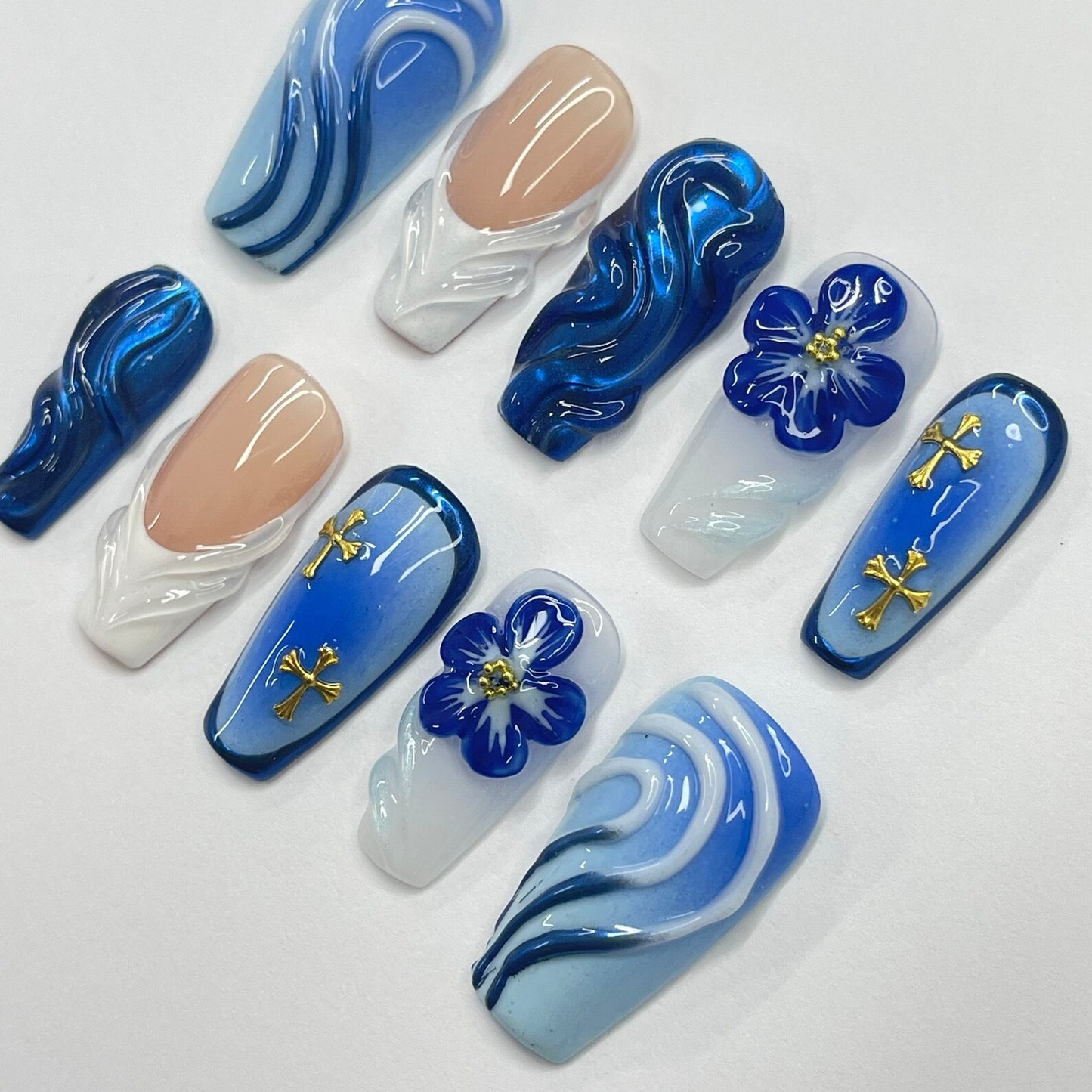 Bluewave With 3D Flower Press on nails