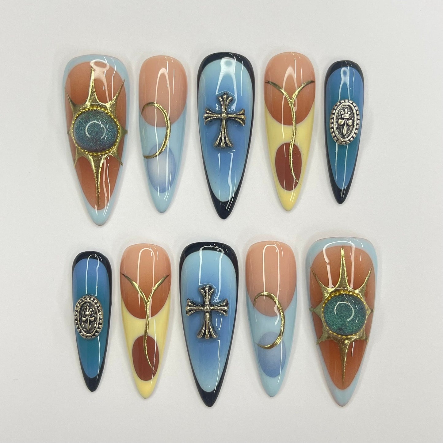 Summer Blue Yellow Aura Press on nails