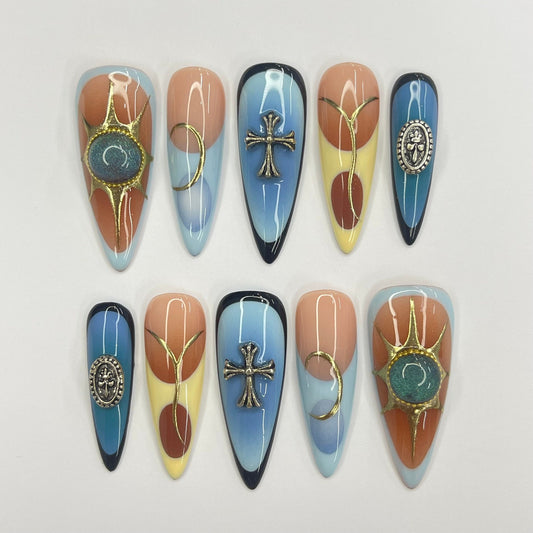 Summer Blue Yellow Aura Press on nails