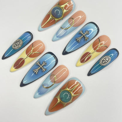 Summer Blue Yellow Aura Press on nails