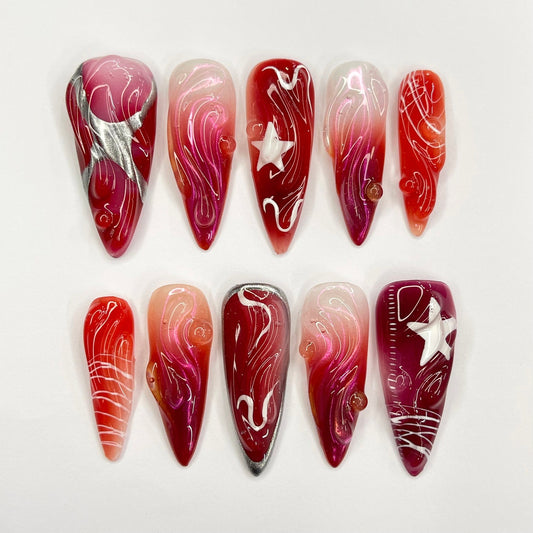 Red Silver Star Press on nails