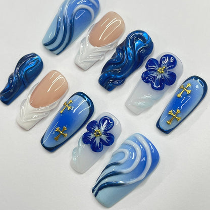 Bluewave With 3D Flower Press on nails