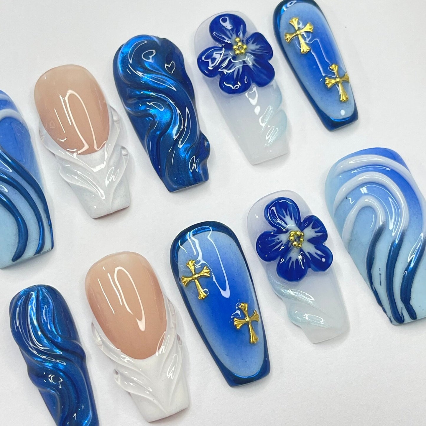 Bluewave With 3D Flower Press on nails