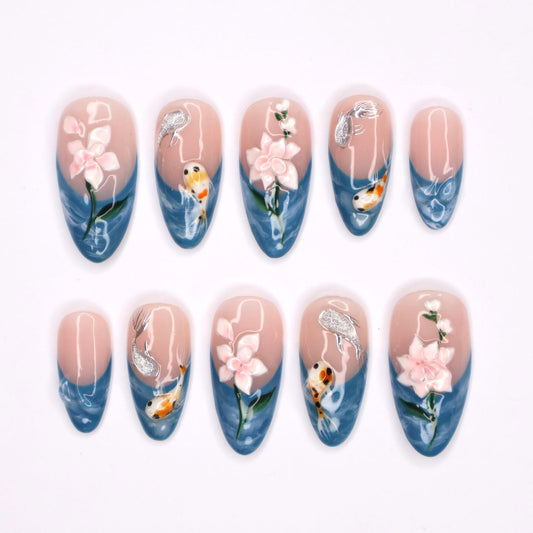 Koi Fish Lotus Flowers Press on nails