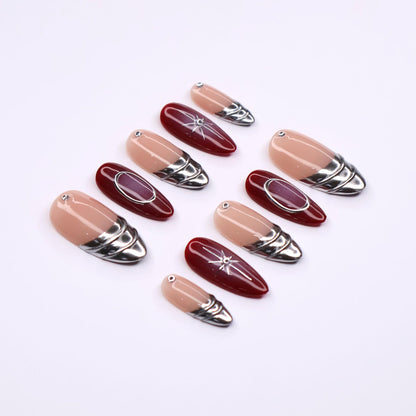 Chic Red Aura Lined Silver Press on nails