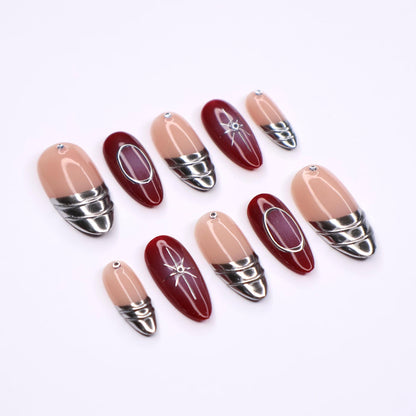 Chic Red Aura Lined Silver Press on nails