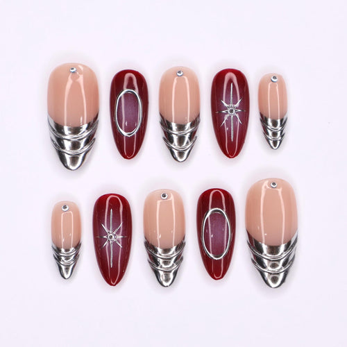 Chic Red Aura Lined Silver Press on nails