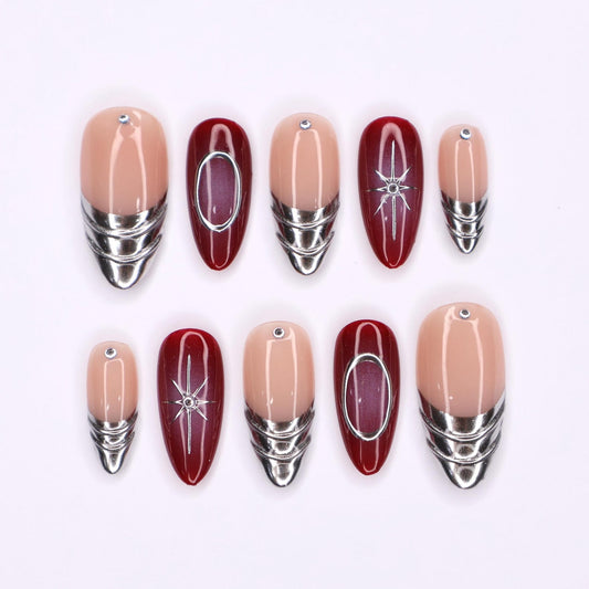 Chic Red Aura Lined Silver Press on nails