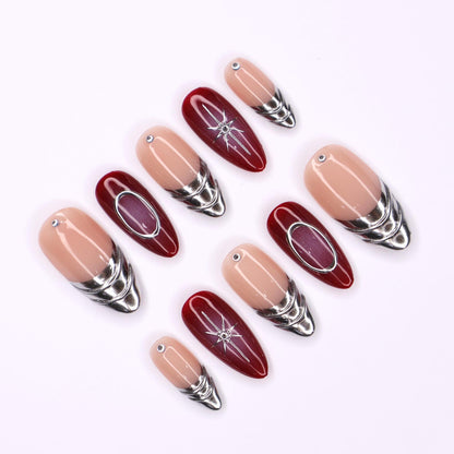 Chic Red Aura Lined Silver Press on nails