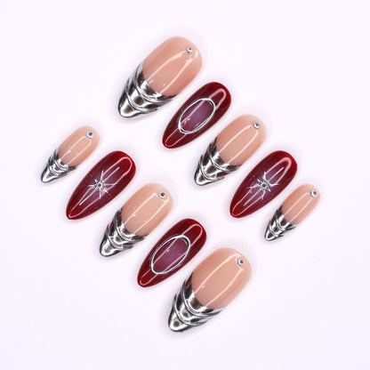 Chic Red Aura Lined Silver Press on nails