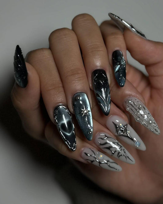 Gothic Chrome Black Handmade Press on nails