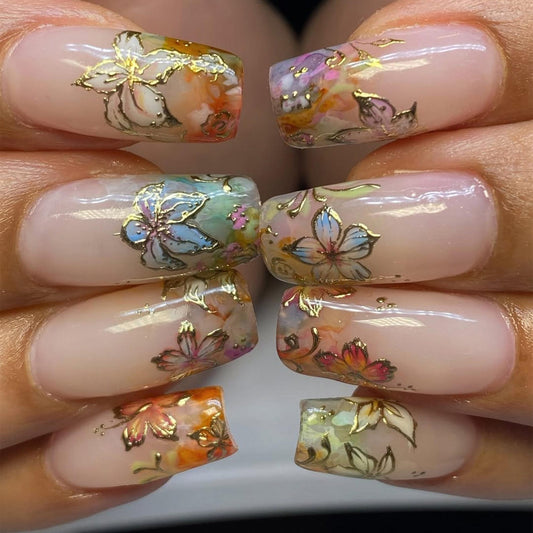 Gold Foil Floral Handmade Press on nails
