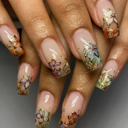 Gold Foil Floral Handmade Press on nails