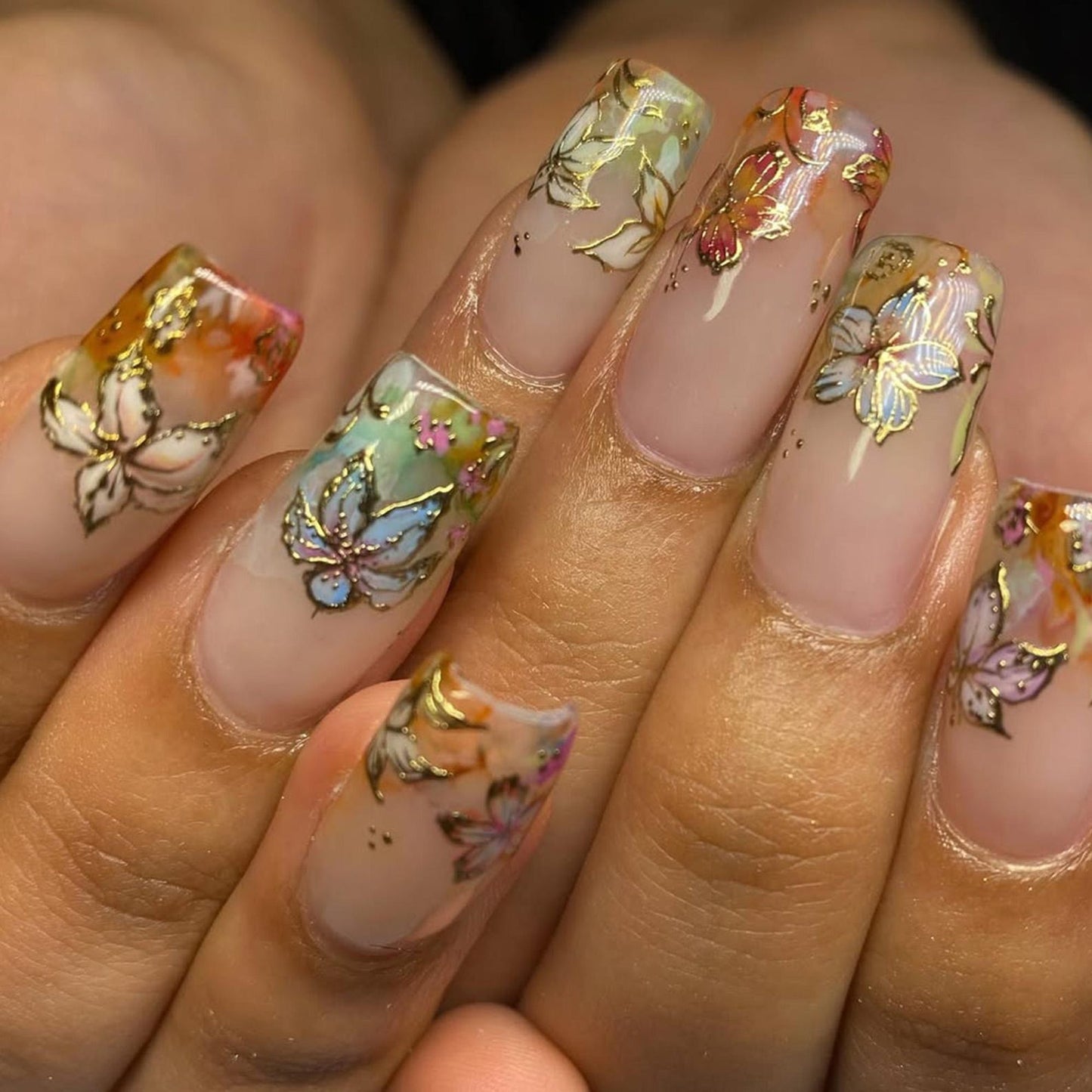 Gold Foil Floral Handmade Press on nails