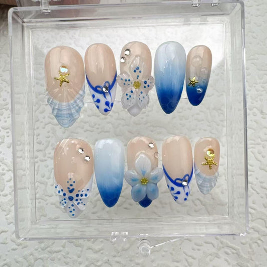Blue Flowers Handmade Press on nails