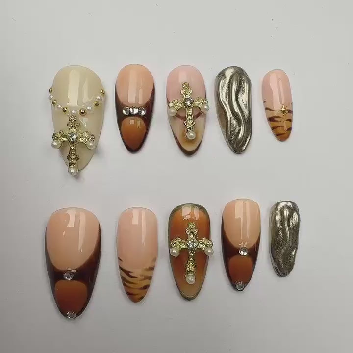 Cross Brown Handmade Press on nails - Summer Nails