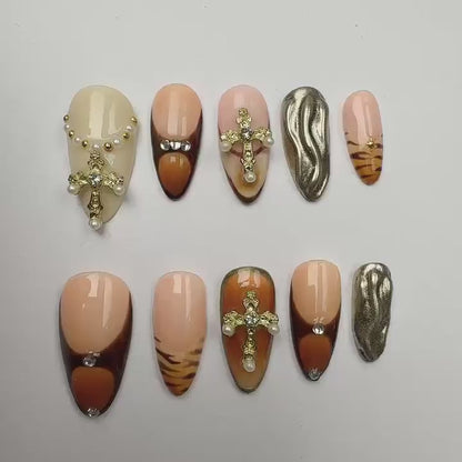 Cross Brown Handmade Press on nails - Summer Nails