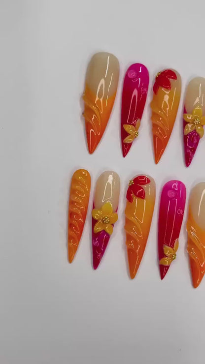Sunset Flower Press on nails