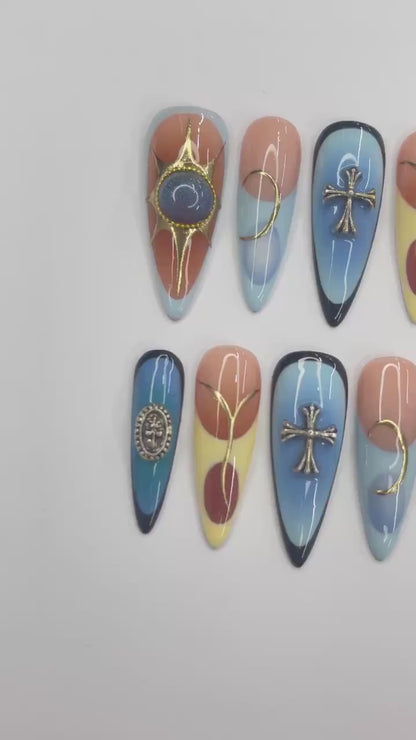 Summer Blue Yellow Aura Press on nails