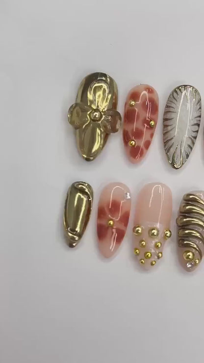 3D Flower With Gold Press on nails