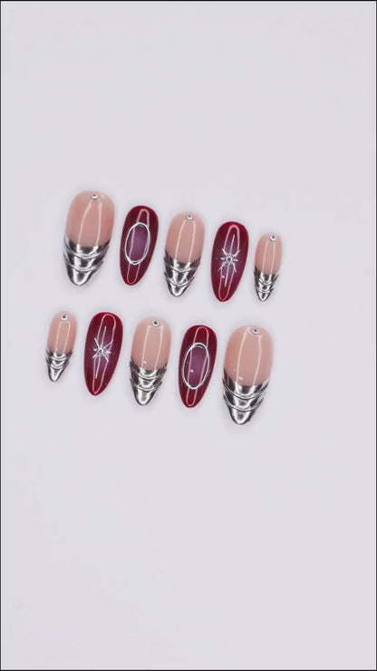 Chic Red Aura Lined Silver Press on nails