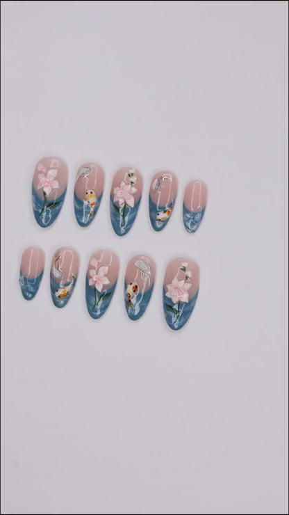 Koi Fish Lotus Flowers Press on nails