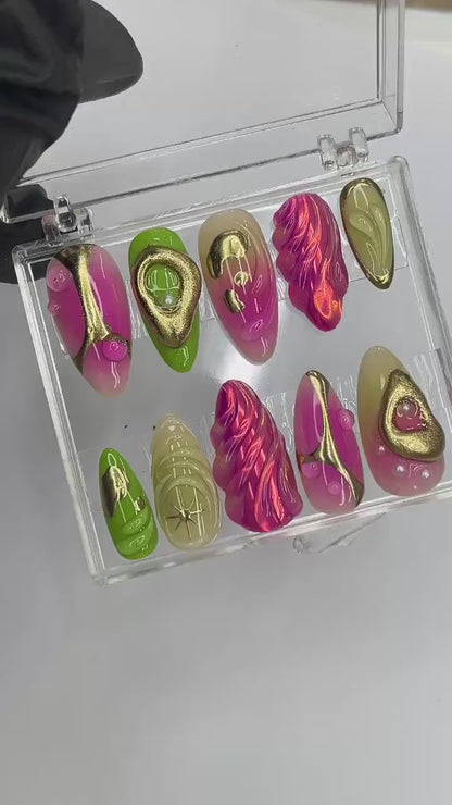 Pink Green Flower Garden Press on nails