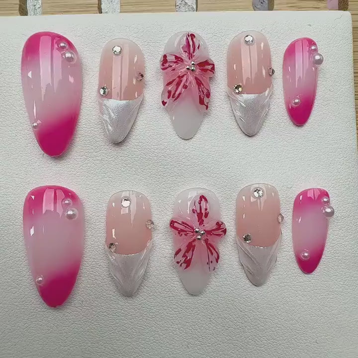 Pink Flower Handmade Press on nails