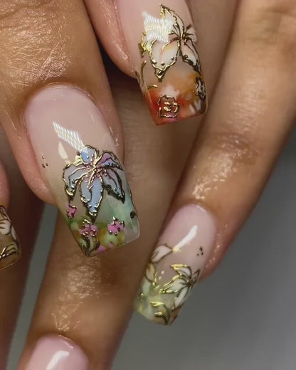 Gold Foil Floral Handmade Press on nails