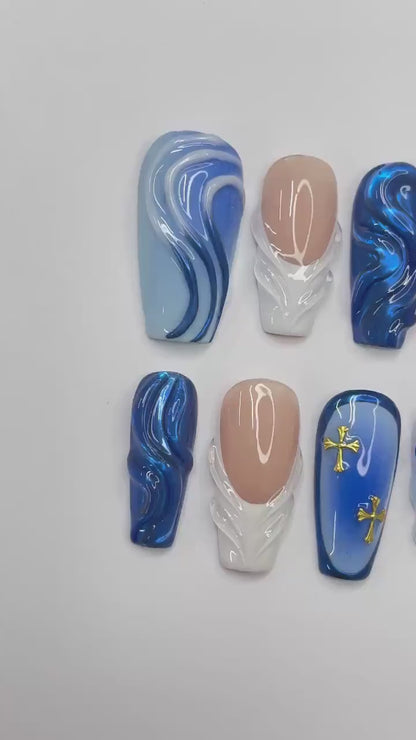 Bluewave With 3D Flower Press on nails